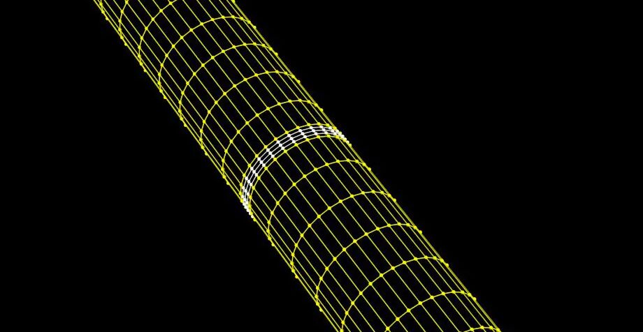 A yellow wireframed visualisation of a pipeline is in front of a black background. Highlighted are areas with successful girth weld detection.
