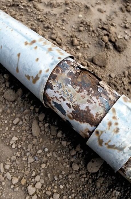 Picture of a pipeline, where the coating is removed and severe corrosion is visible.