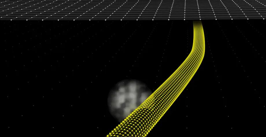 A yellow wireframed visualisation of a pipeline is burried under a topographic ground, having a punctual methane leakage detected by CMI.
