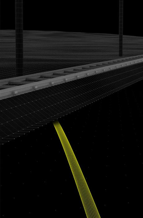 A yellow wireframed grid below crossing train tracks below ground, shwoing the problematic of DC impressed current on the pipeline.