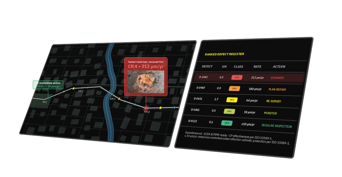 map with overview of a inspected pipeline with two CR-alerts and a list with ranked defects
