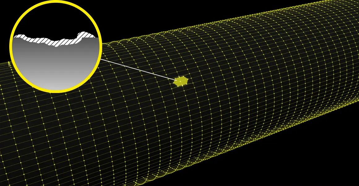 A yellow wireframed pipeline with a coating defect as deformation of the grid in yellow. A circle shows a schematic image of a passivating layer on top of the pipeline wall protecting from corrosion.