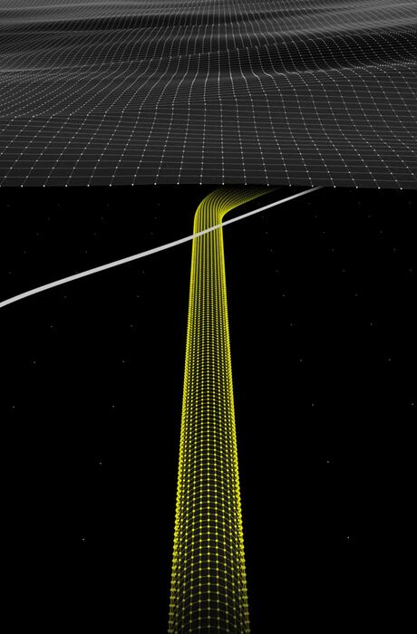 A yellow wireframed visualisation of a pipeline is burried under a topographic ground, intersected by a crossing cable.