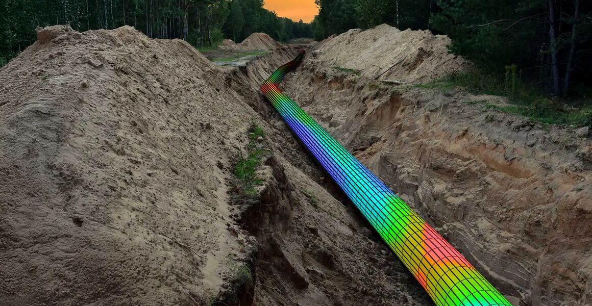 Open trench with a pipeline visualized in rainbow 3D mesh, revealing pipeline positon and curvature, from which several parameters can be concluded such as bends, bending strain or depth of cover.