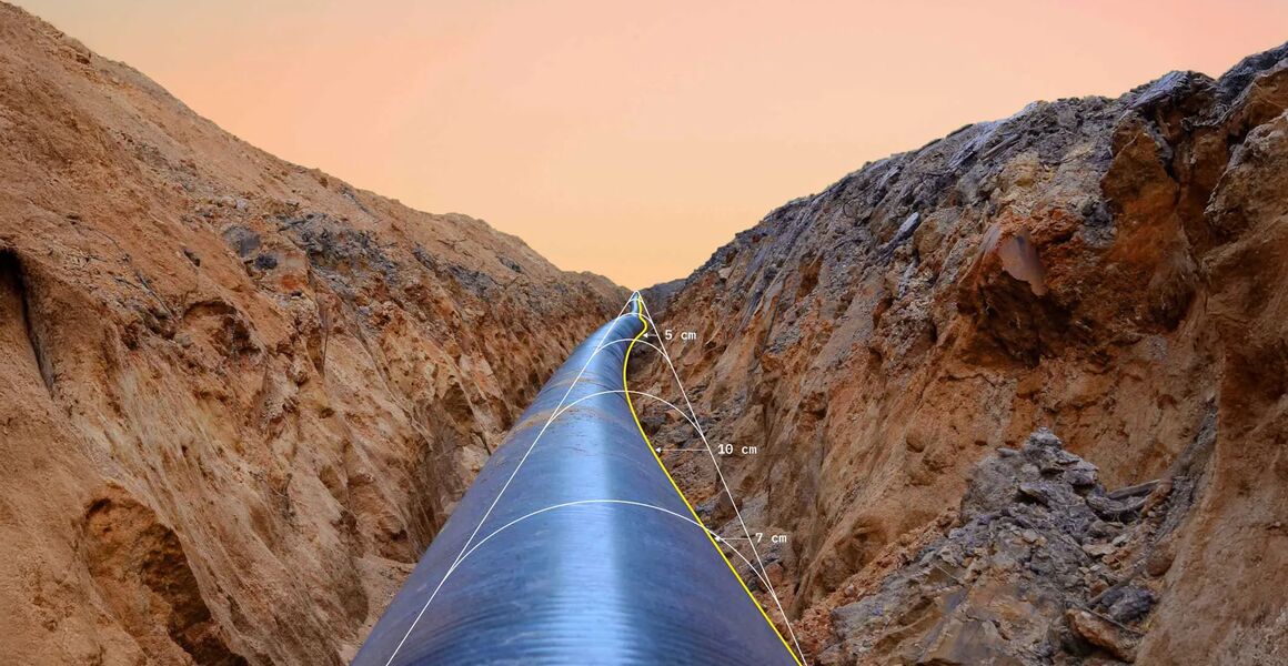 A PE-coated curved pipeline lies in an open trench, with an optimal straight line as reference. The curvature and out-of-straightness of the actual pipeline is indicated by the distance between pipeline and reference.