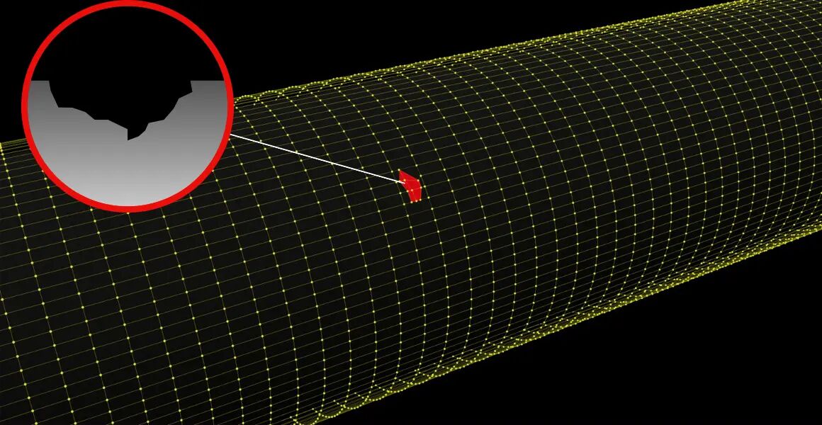 A yellow wireframed pipeline with a coating defect as deformation of the grid in red. A circle shows a schematic image of the pipeline wall loss due to corrosion.