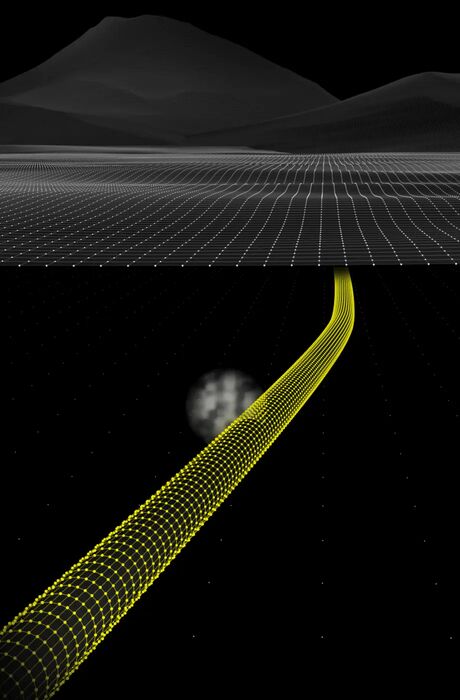 A yellow wireframed visualisation of a pipeline is burried under a topographic ground, having a punctual methane leakage detected by CMI.