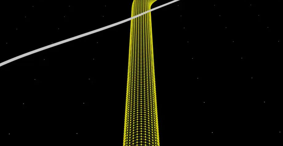 A yellow wireframed visualisation of a pipeline is burried under a topographic ground, intersected by a crossing cable.