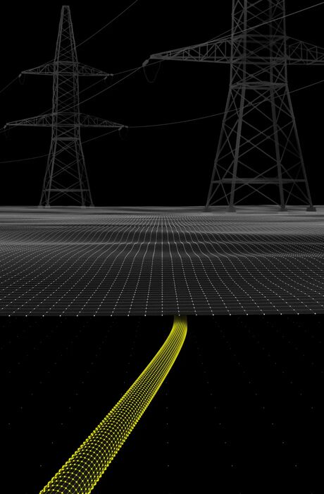 A yellow wireframed pipeline below a topographic ground with overland electricity lines, showing the detection of AC interference on pipelines