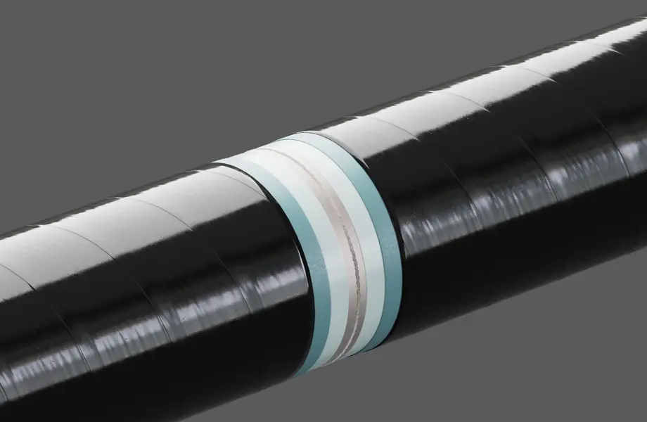A section of steel pipeline at a girth weld with a PE-coating.
